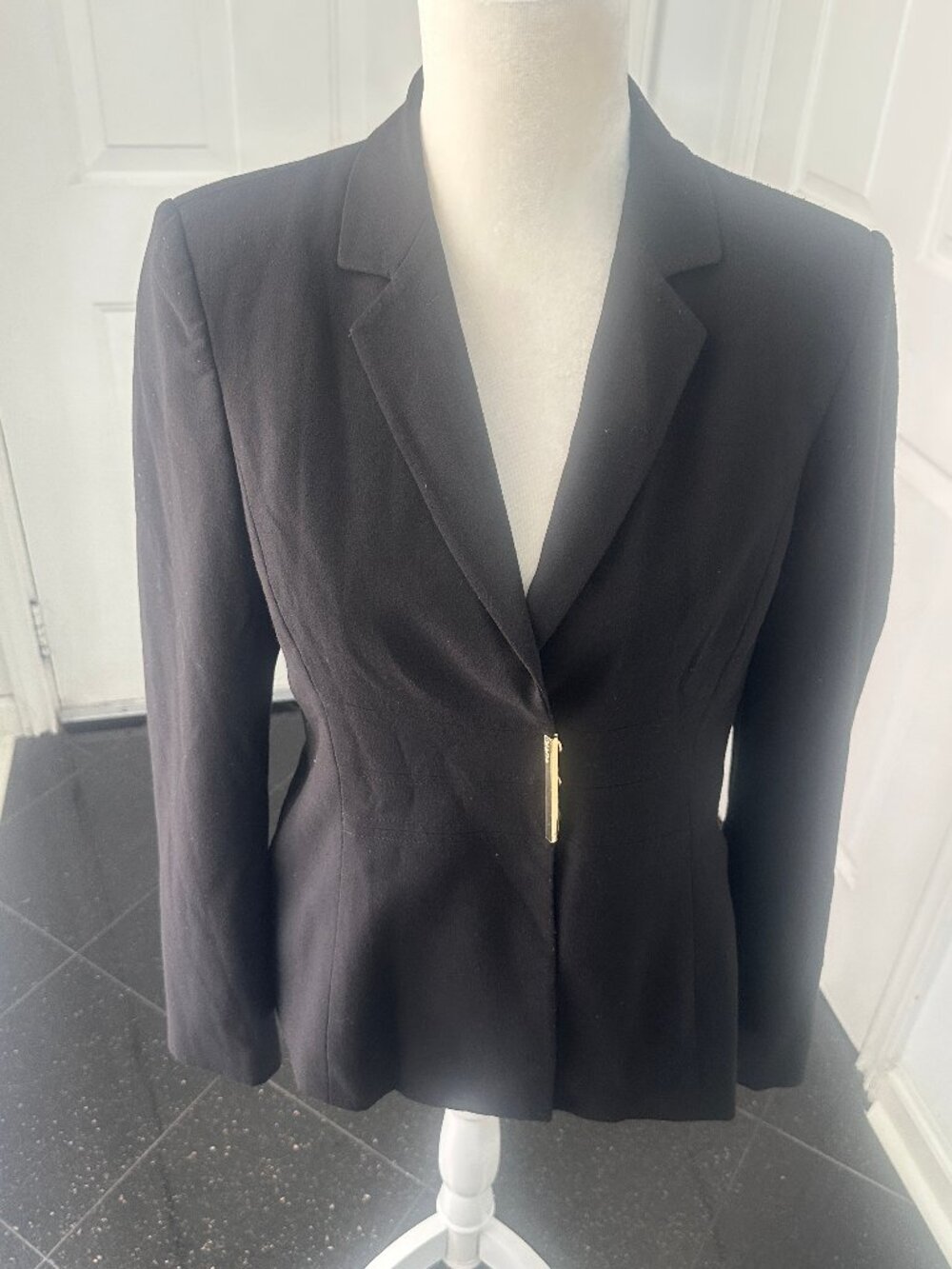 Calvin Klein Black Blazer Size 6 Gold Logo Bar Snap Closure Tailored